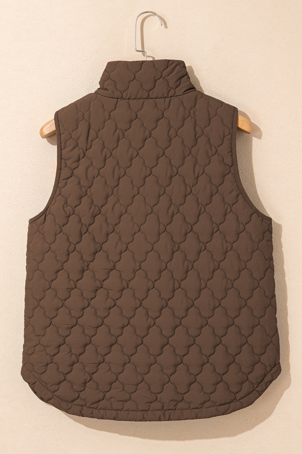 Dark Brown Flower Shape Quilted Snap Button Zip Up Winter Vest