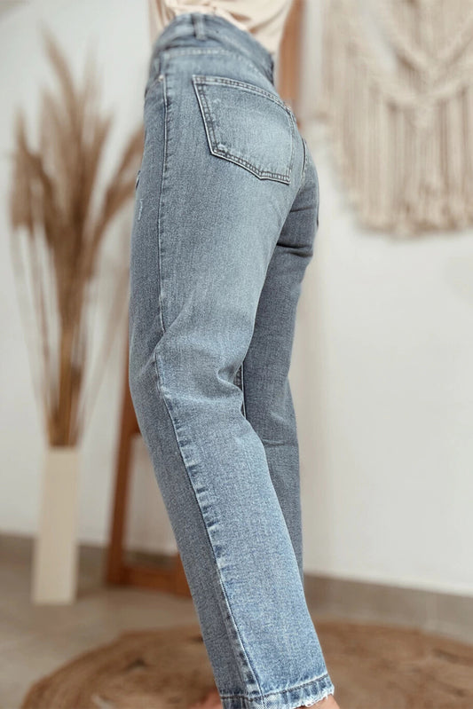 Beau Blue Slightly Distressed Ankle-length Straight Jeans