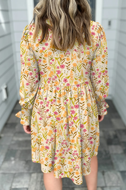 Yellow Floral Print Frilly Trim Smocked Cuff Long Sleeve Loose Shirt Dress