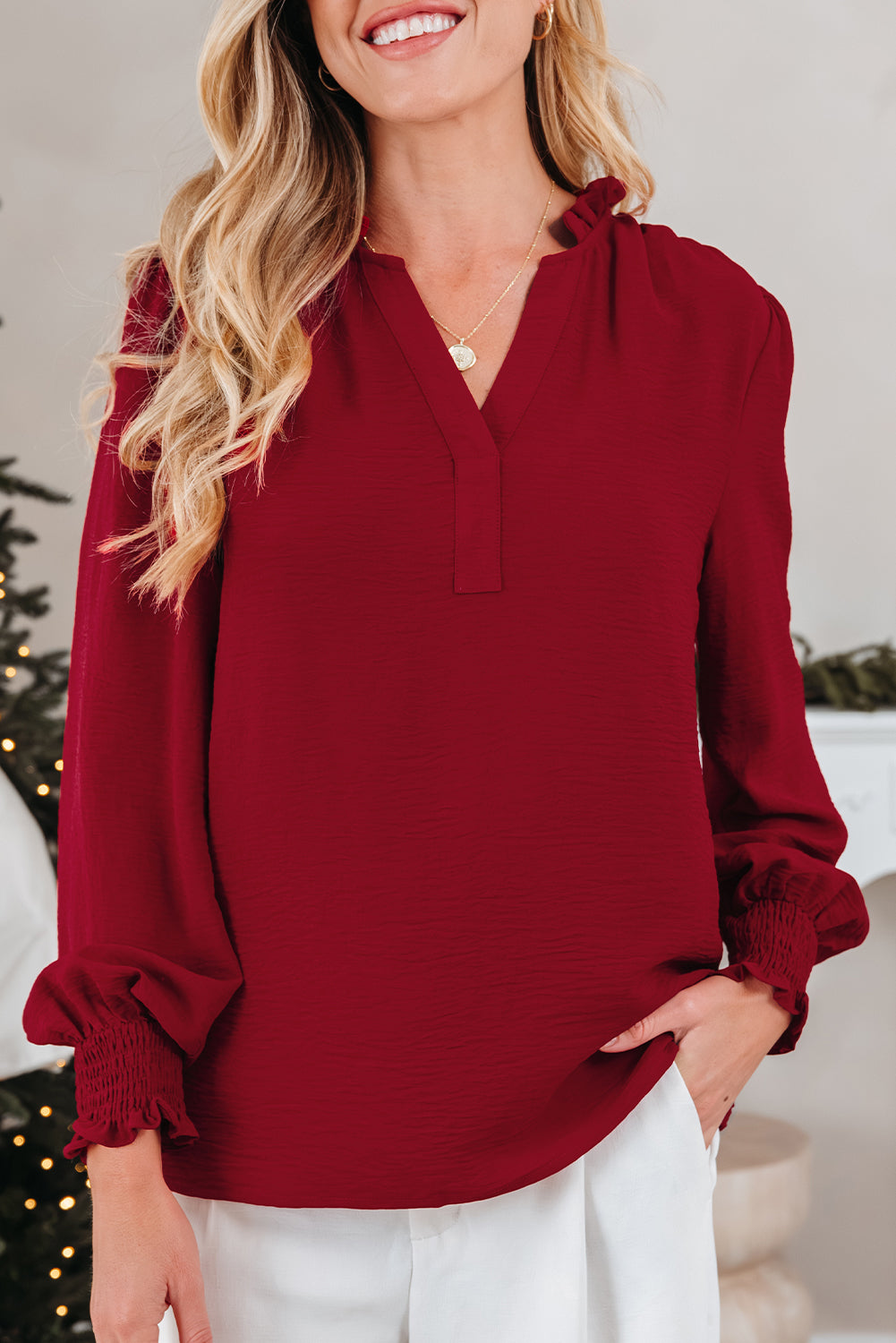 Burgundy Notched Neck Shirred Cuff Long Sleeve Blouse