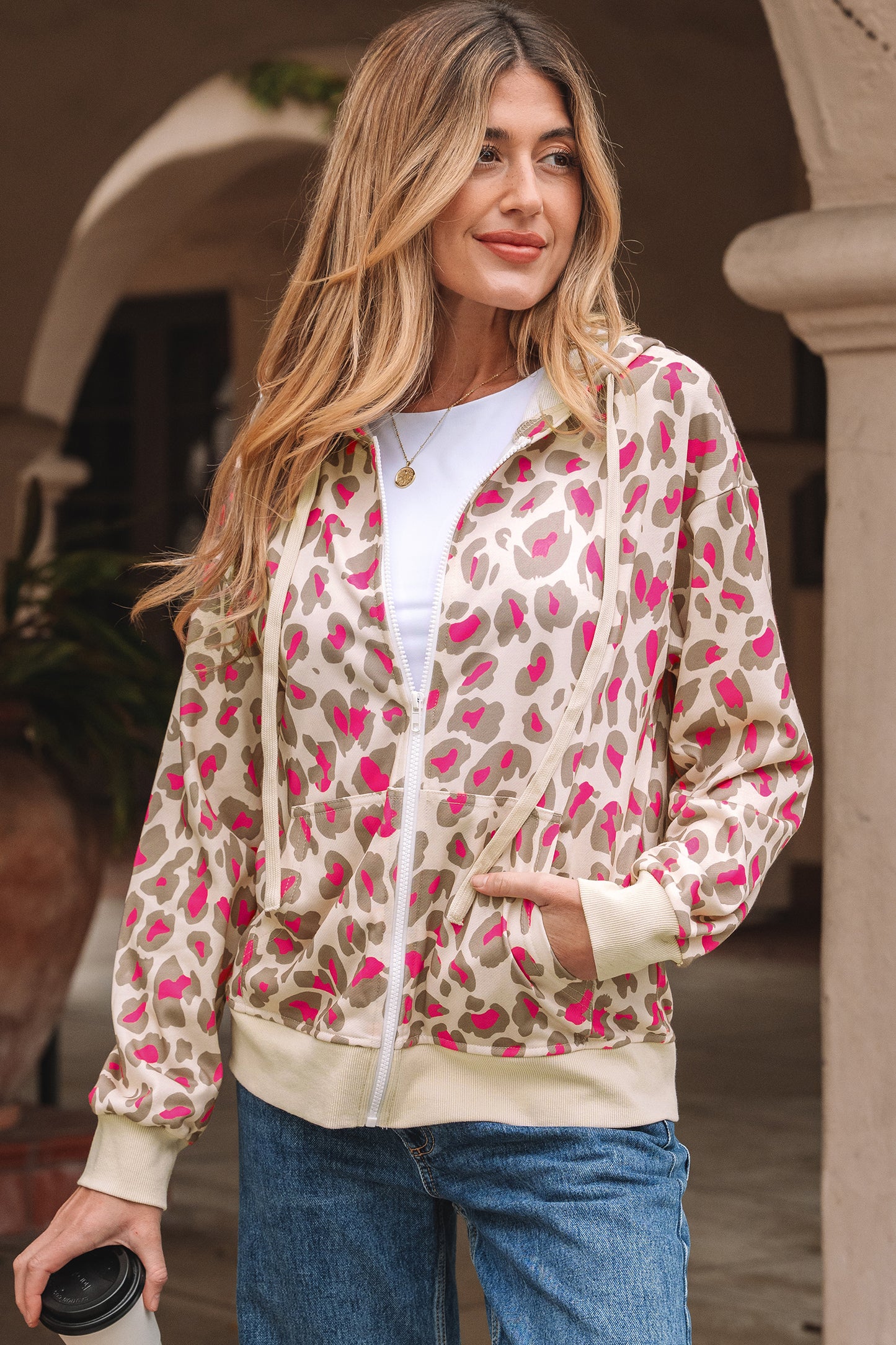 Rose Leopard Print Zip-up Hooded Sweatshirt