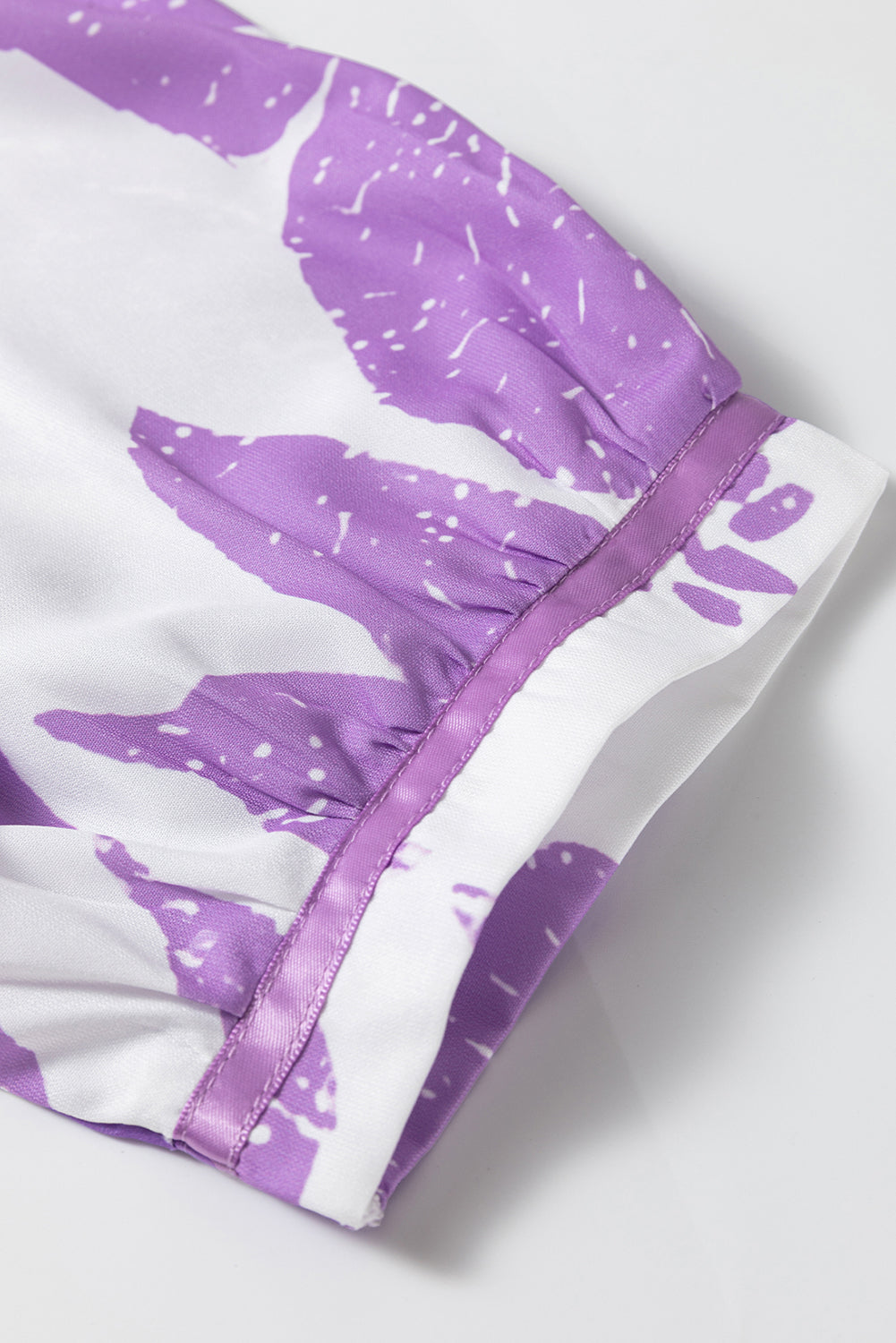Purple Leafy Print 3/4 Sleeve Striped Trim Split Neck Blouse