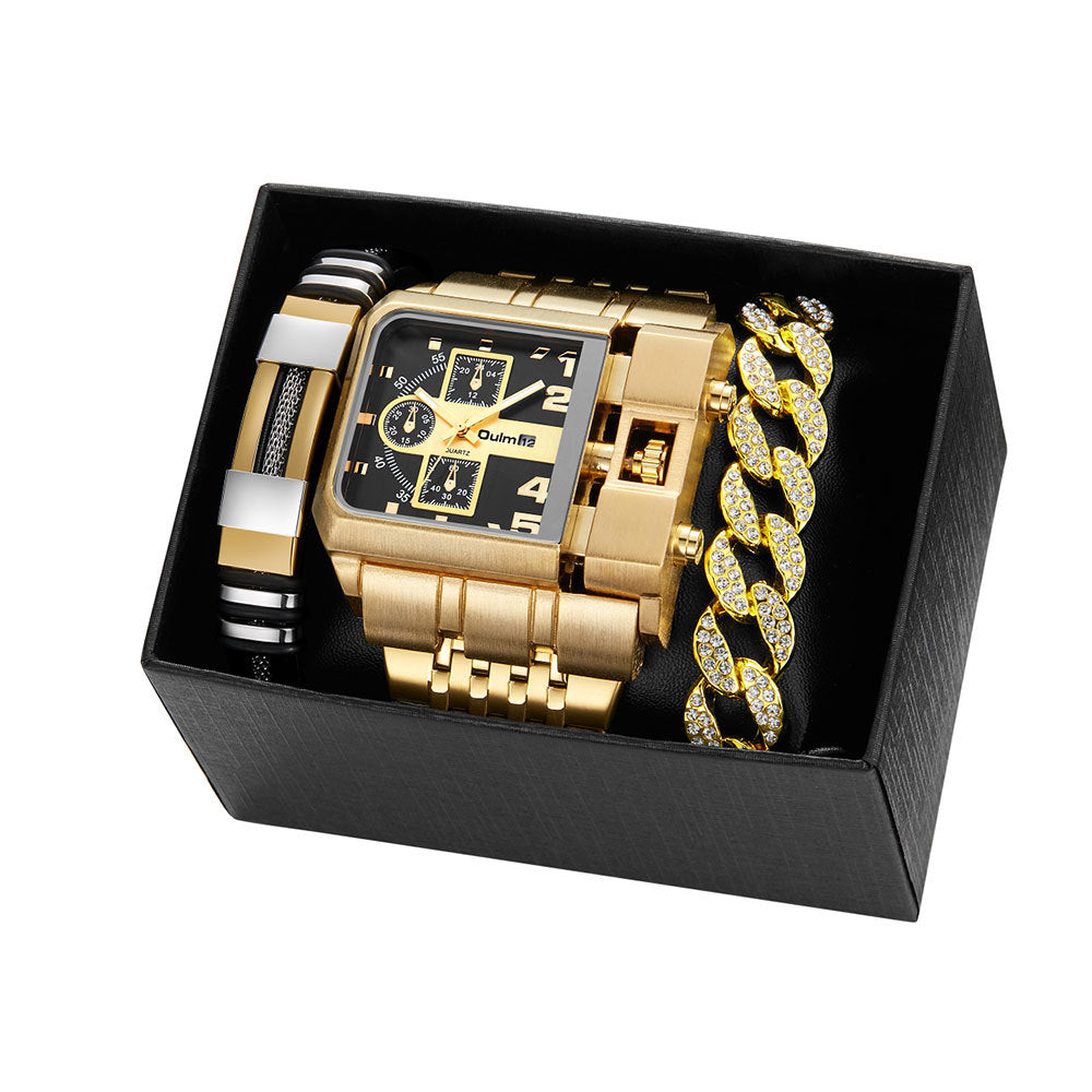 Multi-timezone Large-dial Luminous Men's Watch With Steel Strapcasual Cross-border Quartz Wristwatch