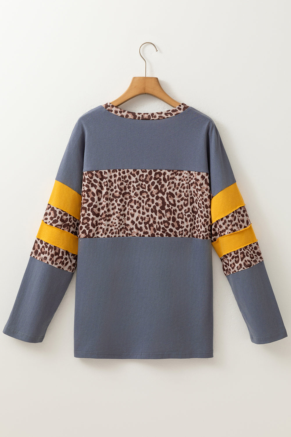 Dark Blue Leopard Colorblock Patchwork Long Sleeve Drop Shoulder Top