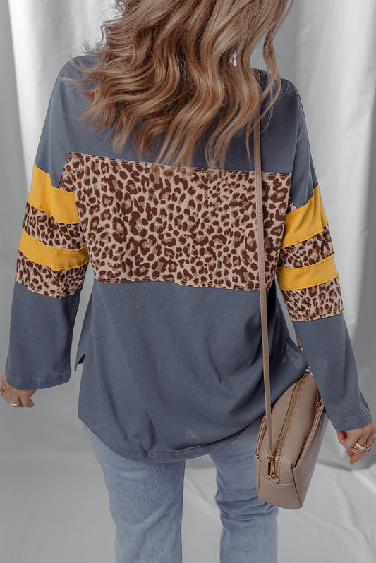 Dark Blue Leopard Colorblock Patchwork Long Sleeve Drop Shoulder Top