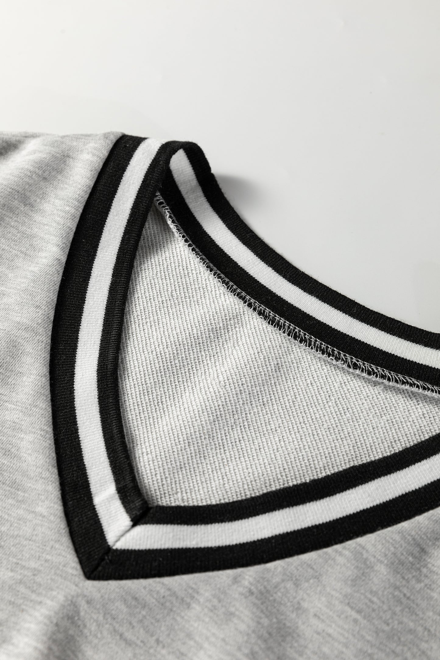 Light Grey Striped Trim V Neck Long Sleeve Preppy T Shirt Dress