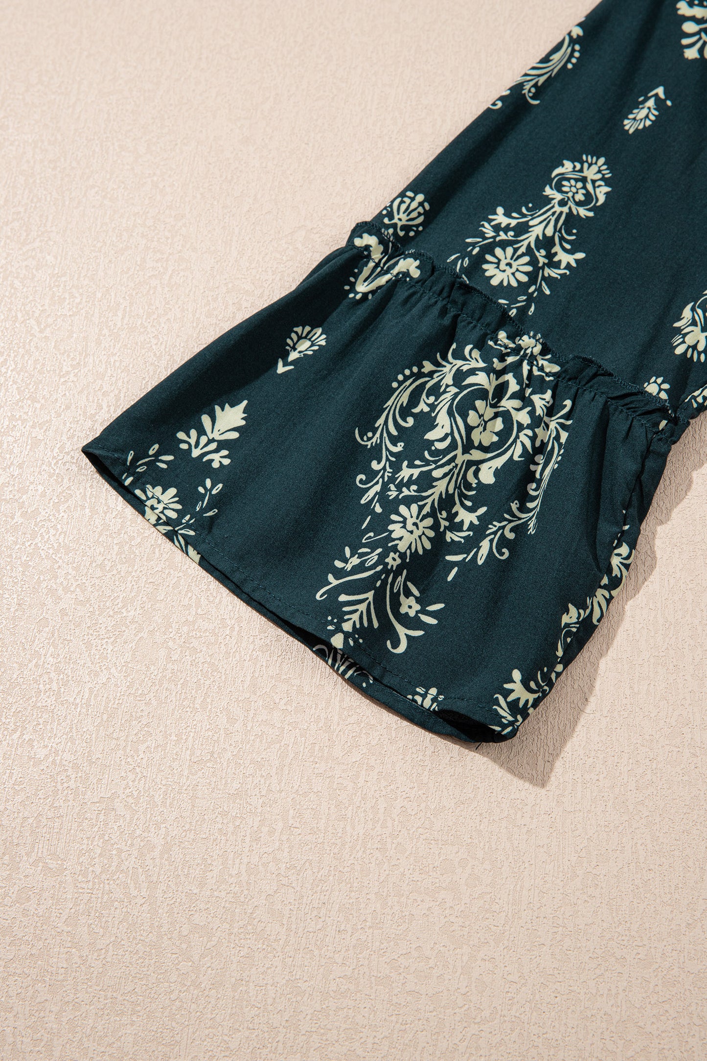 Blue Boho Floral Print Lettuce Trim 3/4 Sleeve Mini Dress