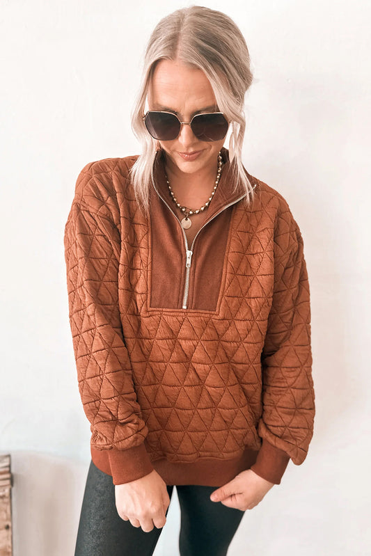 Straw Yellow Geometric Quilted Half Zipped Loose Sweatshirt