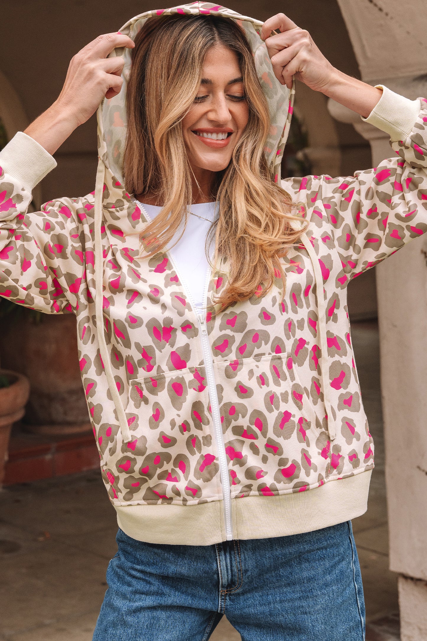 Rose Leopard Print Zip-up Hooded Sweatshirt