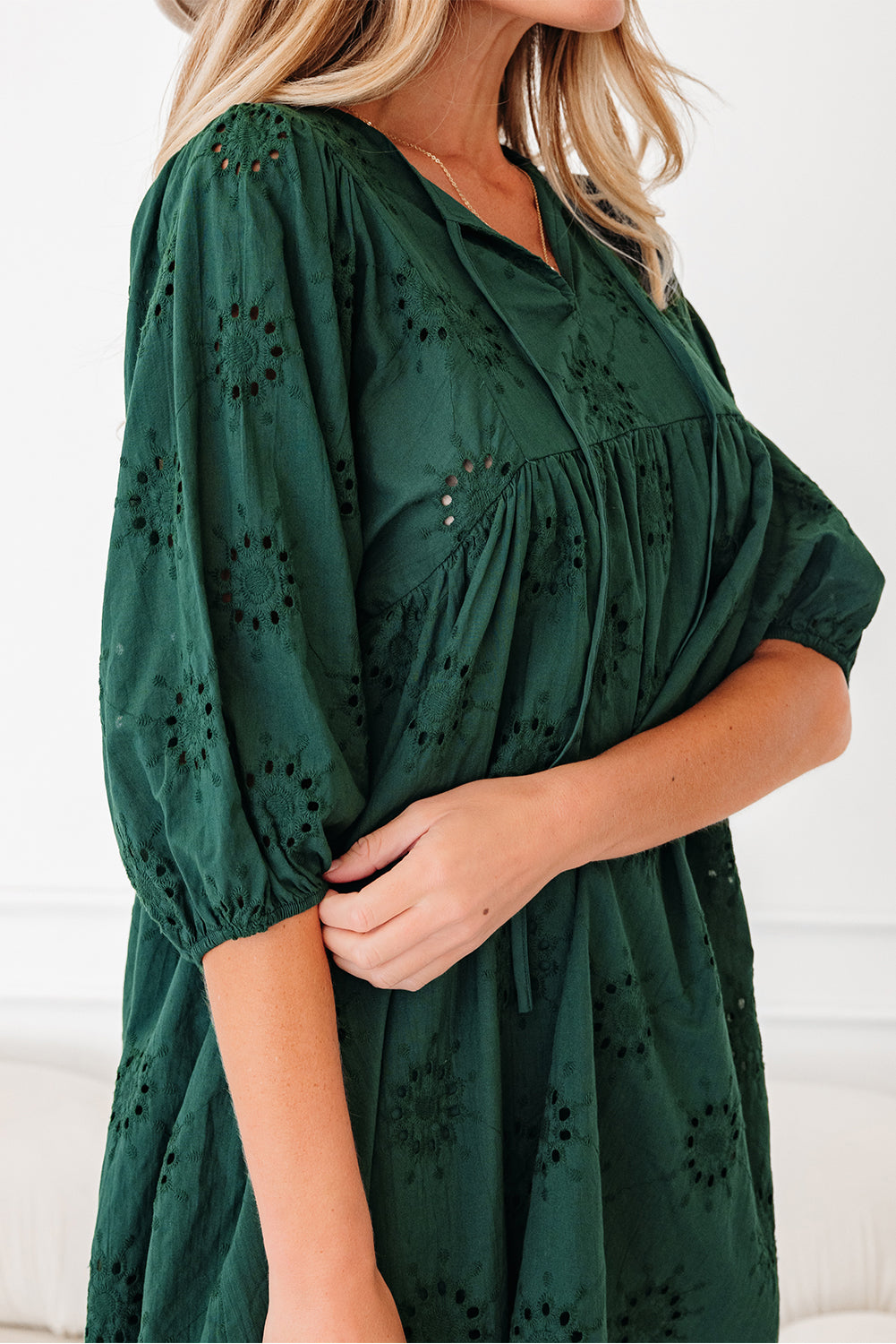 Blackish Green Embroidered Eyelet Pattern 3/4 Puffy Sleeve Swing Mini Dress