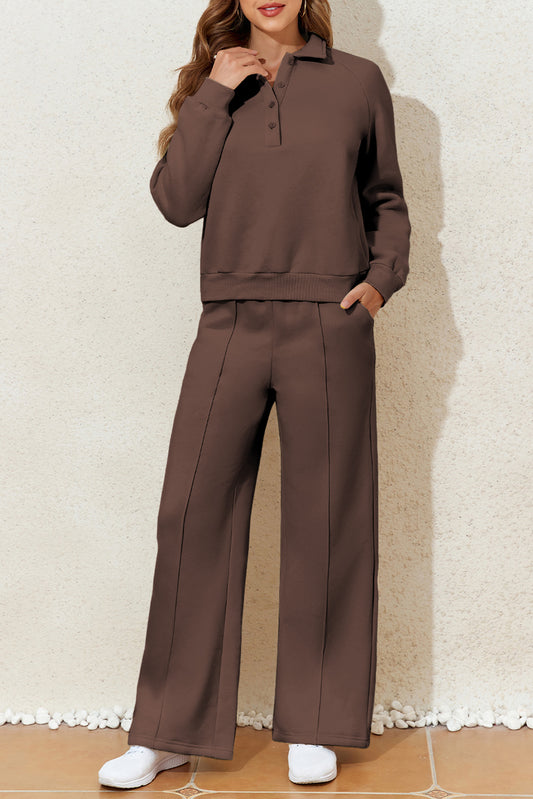 Dark Brown Solid Collared Sweatshirt and High Waist Pants Active Set