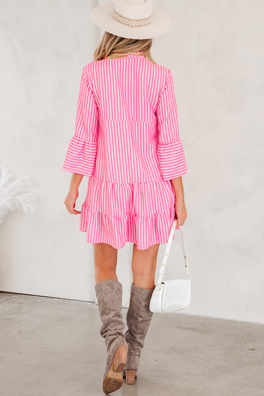 Pink Stripe Flare Sleeve Half Placket Tiered Flowy Mini Dress