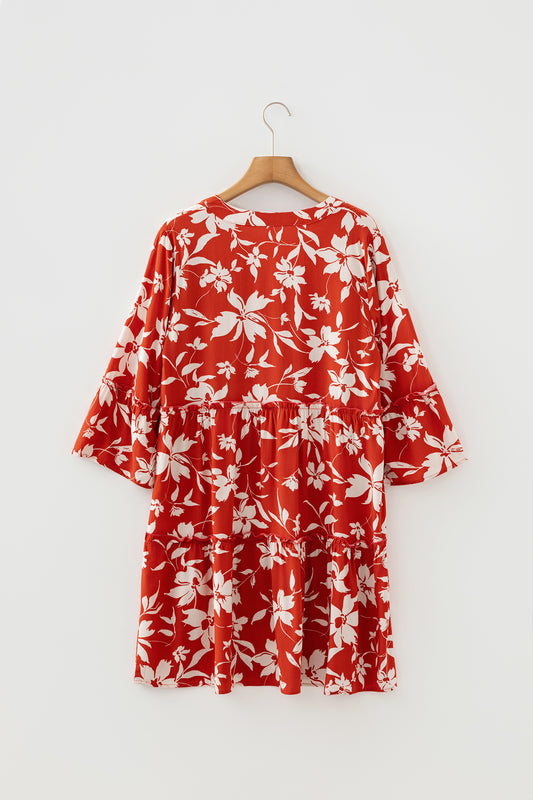 Red Boho Floral Print Lettuce Trim 3/4 Sleeve Mini Dress