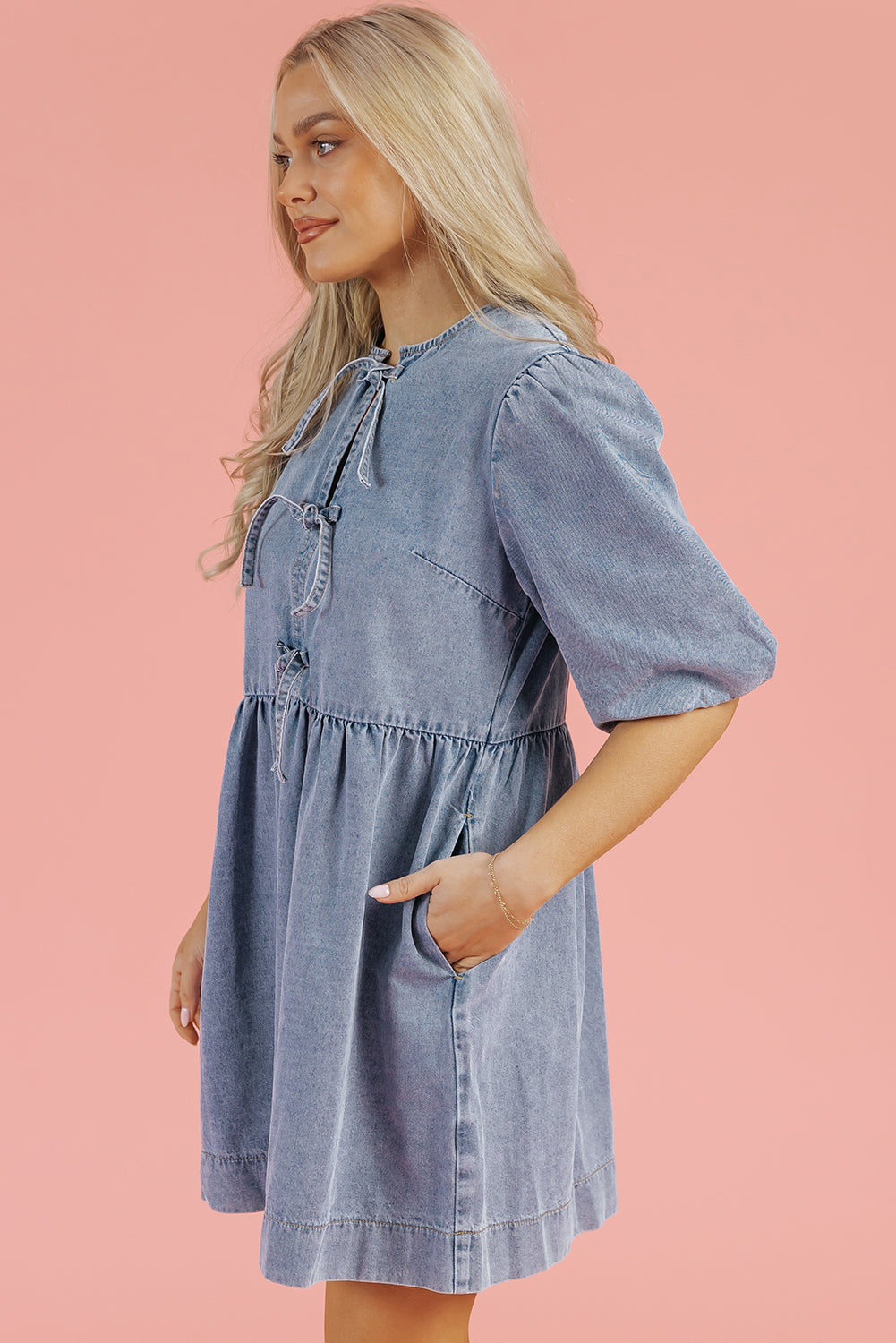 Dusk Blue Bowknot Bubble Sleeve Short Denim Dress