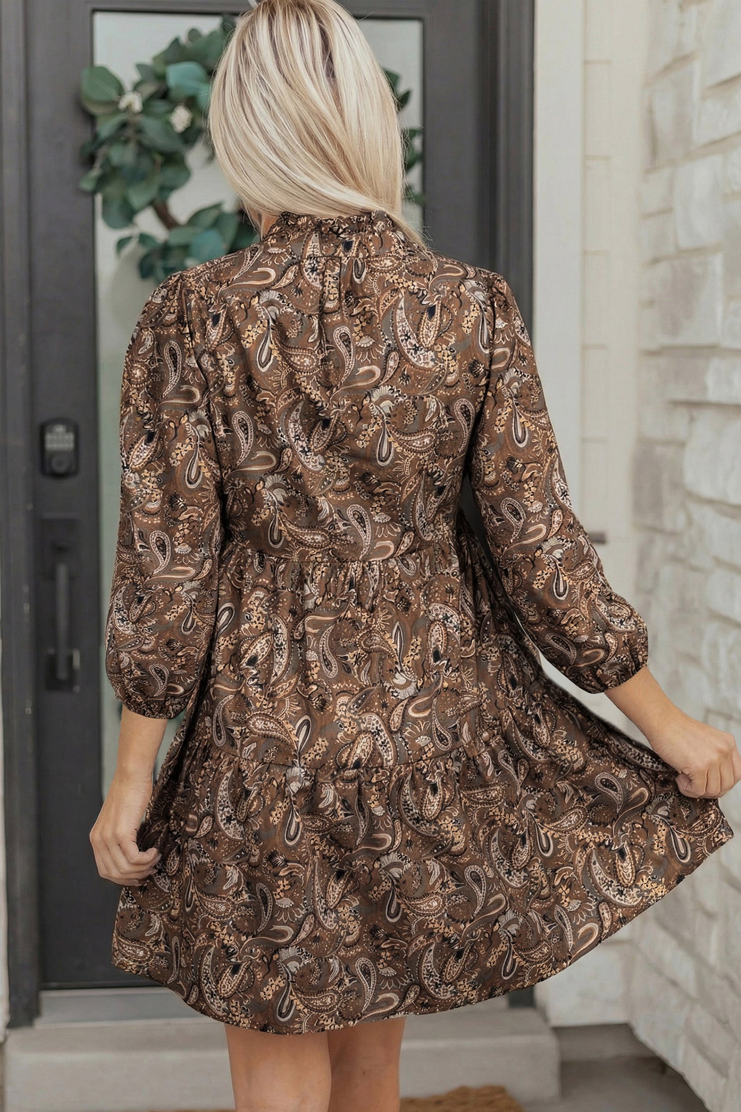 Brown Paisley Print Half Buttons Puff Sleeve Flowy Short Dress