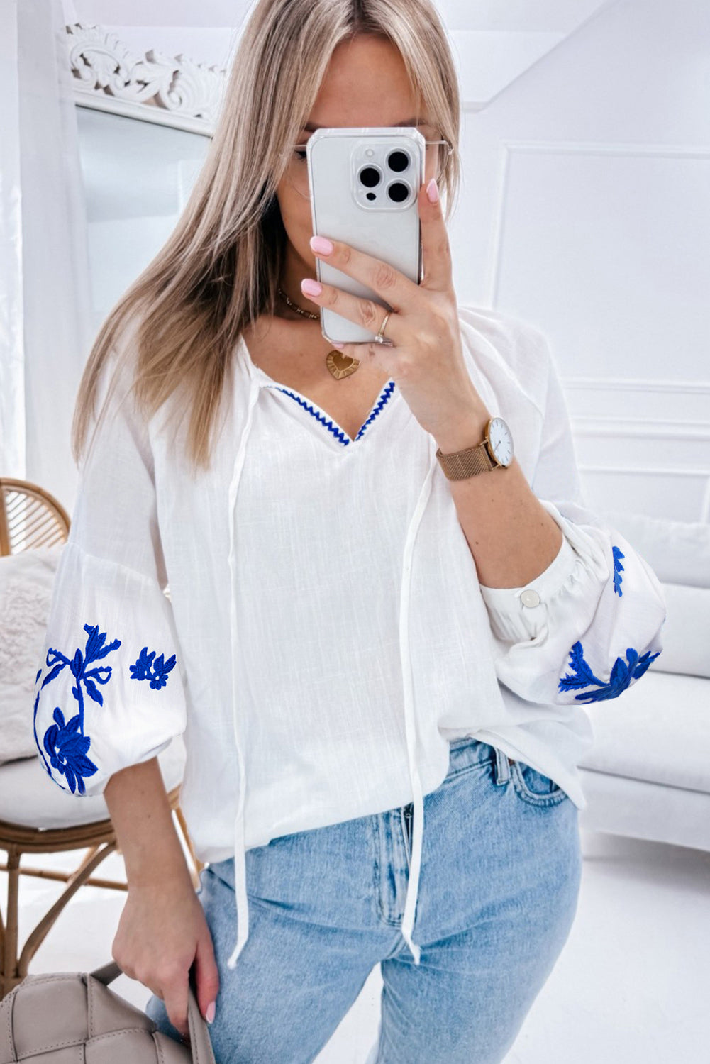 White Floral Embroidered Drawstring V Neck Blouse