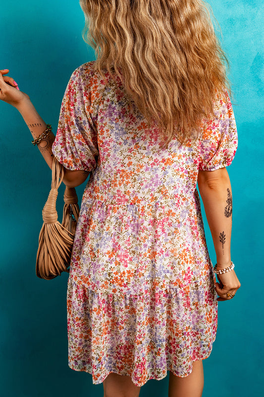 Red Floral Puff Sleeve Notched V Neck Tiered Mini Dress