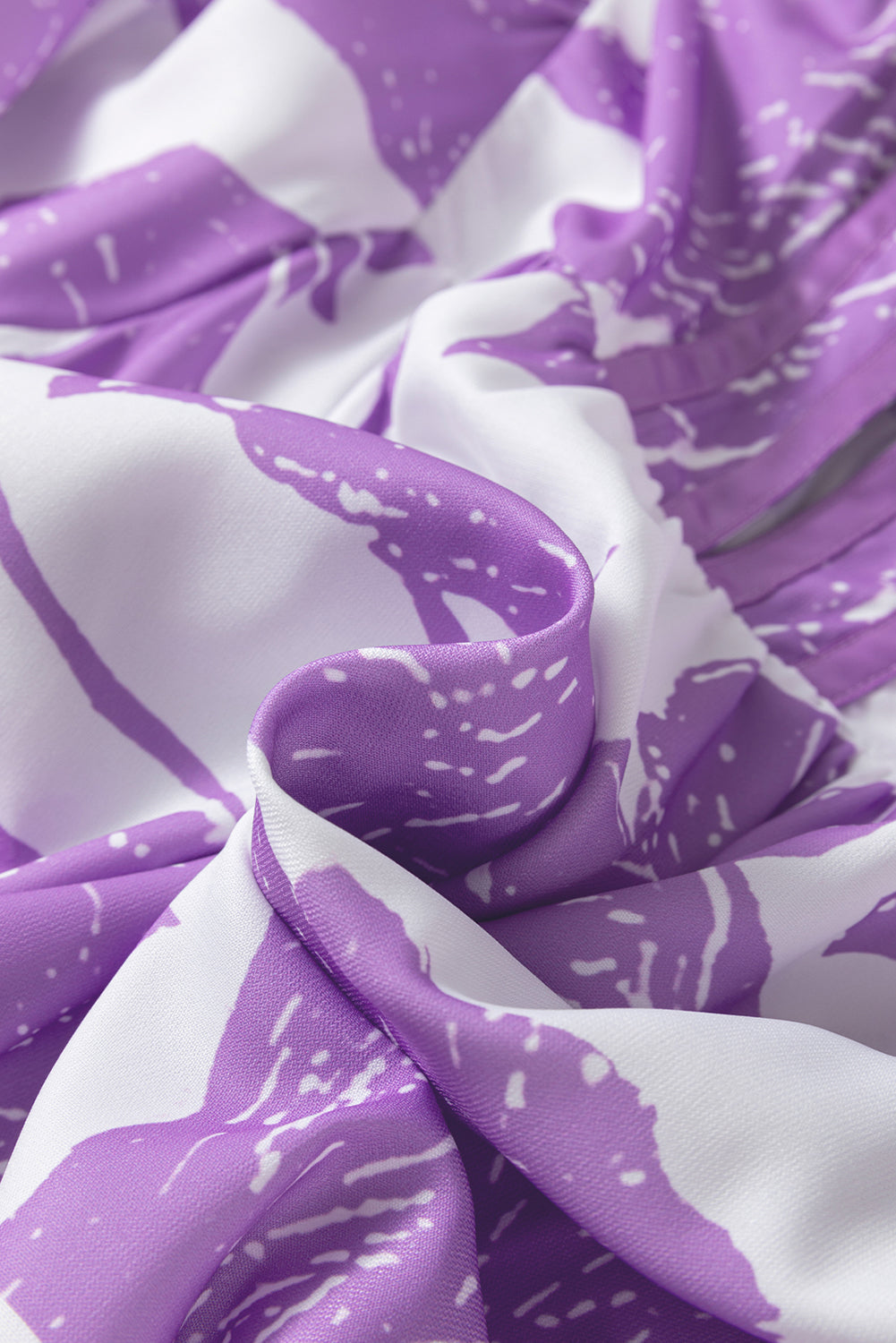 Purple Leafy Print 3/4 Sleeve Striped Trim Split Neck Blouse