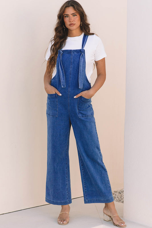 Prussian Blue Mineral Wash Knotted Strap Patched Pocket Wide Leg Denim Overall