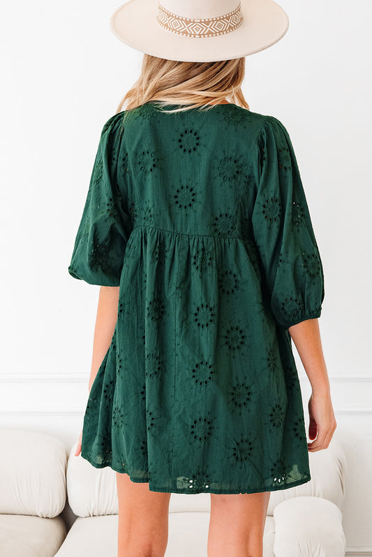 Blackish Green Embroidered Eyelet Pattern 3/4 Puffy Sleeve Swing Mini Dress