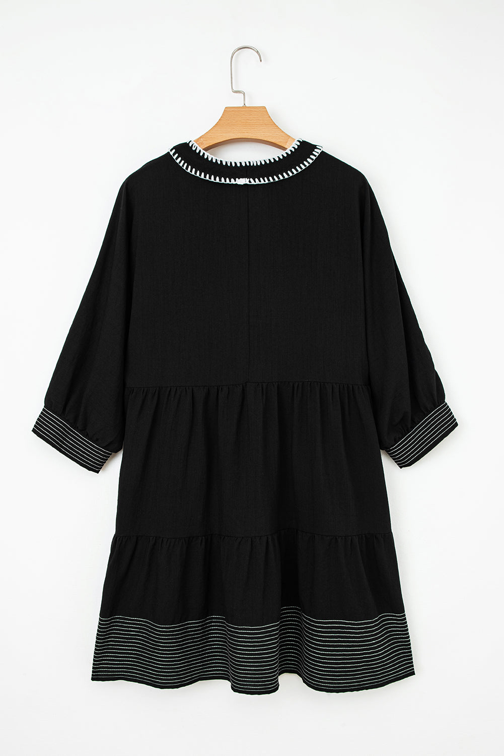 Black Contrast Stitched V Neck 3/4 Sleeve Tiered Mini Dress