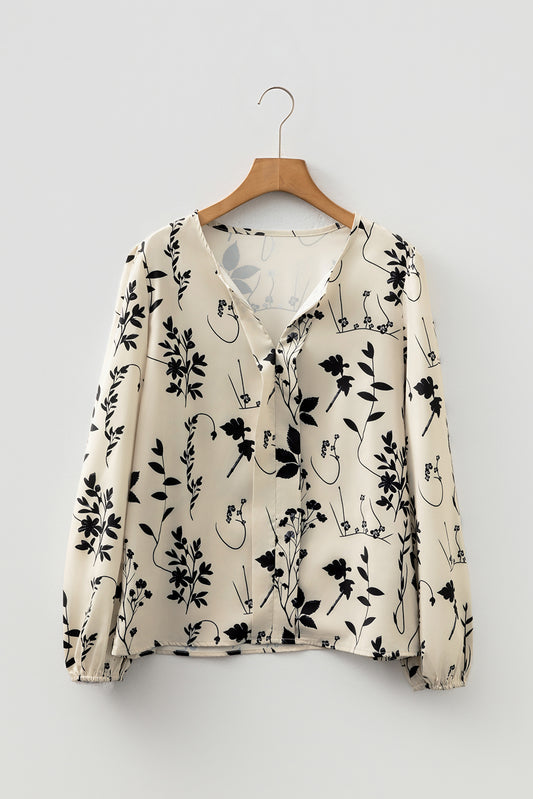 Khaki Botanical Floral Print Split Neck Long Sleeve Blouse