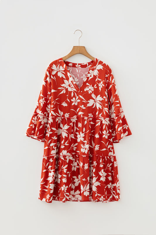 Red Boho Floral Print Lettuce Trim 3/4 Sleeve Mini Dress