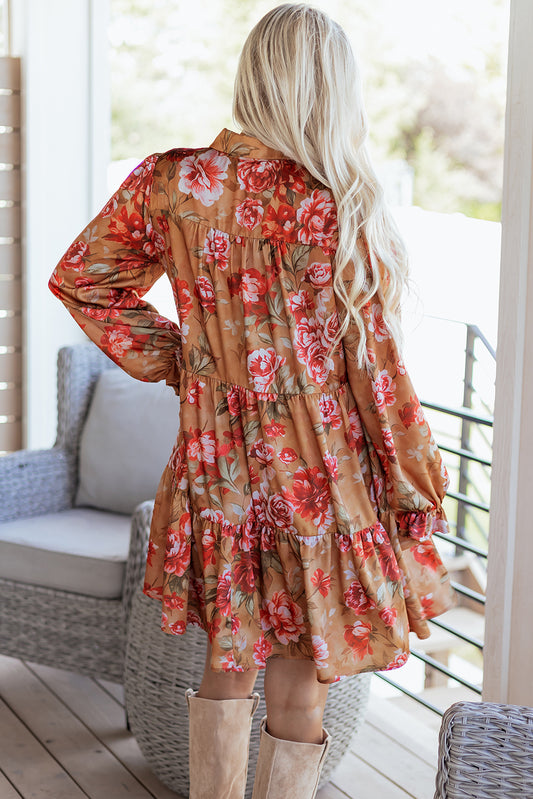 Brown Vintage Floral Print Shirt Style Half Button Long Sleeve Ruffle Mini Dress